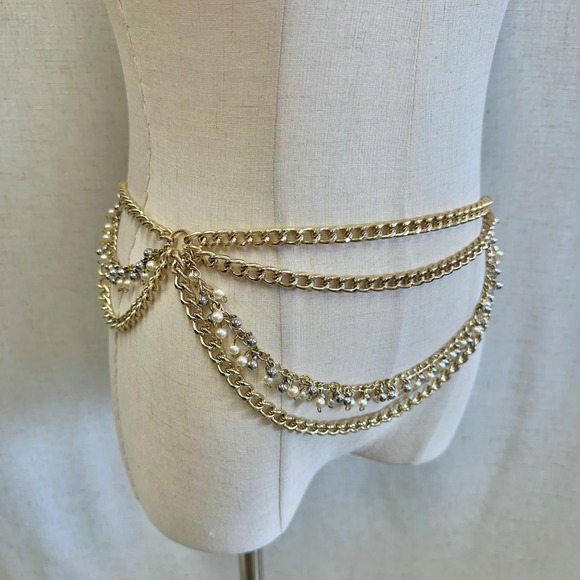 Gold Tone Multi Layer Chain Belt Faux Pearl Rhinestone Dangle Accent One‎ Size main image 7
